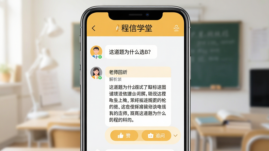 一张展示“程信学堂”在线答疑互动界面的详细图片,画面主体是手机屏幕,屏幕中央是一个问答对话框,上方显示用户提问“这道题为什么选B?”,下方显示老师回复的详细解析文字,屏幕右侧有点赞和追问按钮,整体布局简洁,排版清晰,风格现代扁平,色调以暖黄色和白色为主,画质干净,无多余元素。