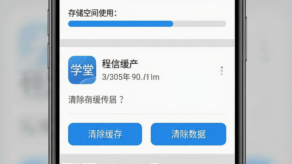 一张展示手机存储空间清理的界面截图,画面主体是手机屏幕,屏幕中央显示着“程信学堂”应用的存储占用详情,下方有“清除缓存”和“清除数据”两个按钮,屏幕上方有存储空间使用进度条,整体布局清晰,排版直观,风格简洁实用,色调以灰色和蓝色为主,画质干净,无多余元素。