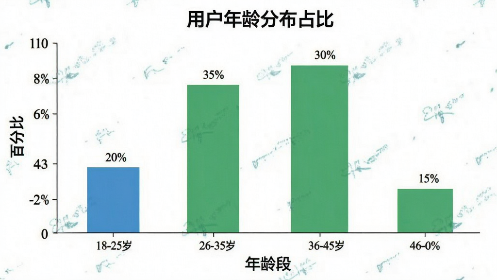 一张展示“程信学堂”用户年龄分布的柱状图,图表标题为“用户年龄分布占比”,横轴为年龄段,纵轴为百分比,柱状图显示18-25岁占比20%,26-35岁占比35%,36-45岁占比30%,46-60岁占比15%,图表风格简洁清晰,色调以蓝色和绿色为主,背景干净,无多余元素。