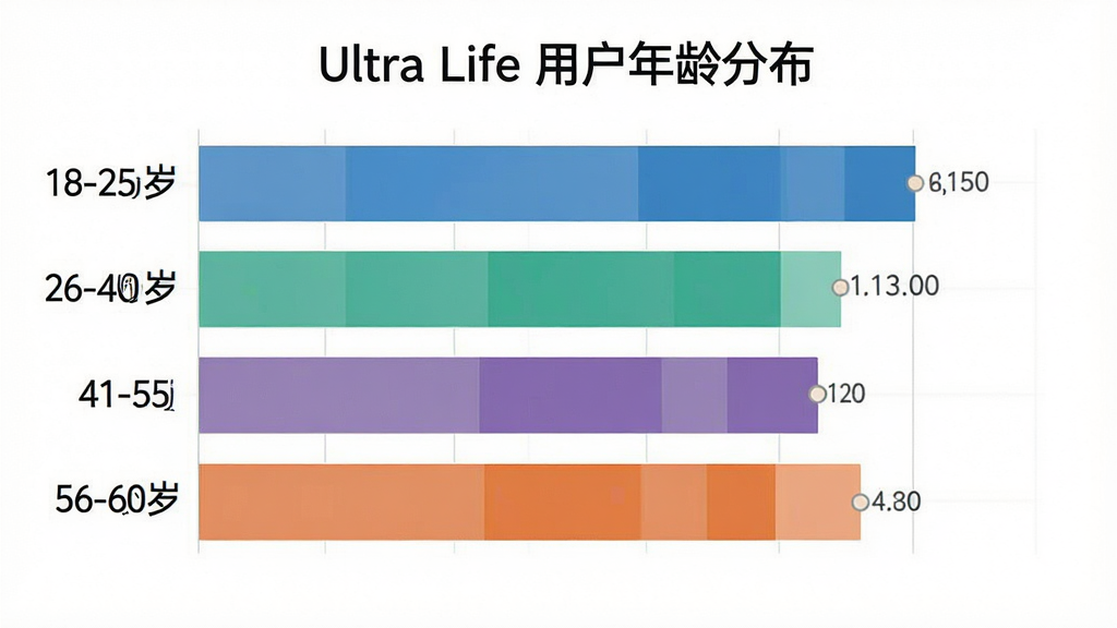 һ����״ͼչʾUltra Life�û�����ֲ����������ĸ�����ε����ӣ�����Ϊ������״ͼ���Ű�����ע�����18-25�ꡢ26-40�ꡢ41-55�ꡢ56-60�꣬��������ݿ��ӻ���ϸ�ڰ������ӵĸ߶Ⱥ���ɫ���֣������������ɾ����޶���Ԫ�أ�ͼƬ������Ϊ