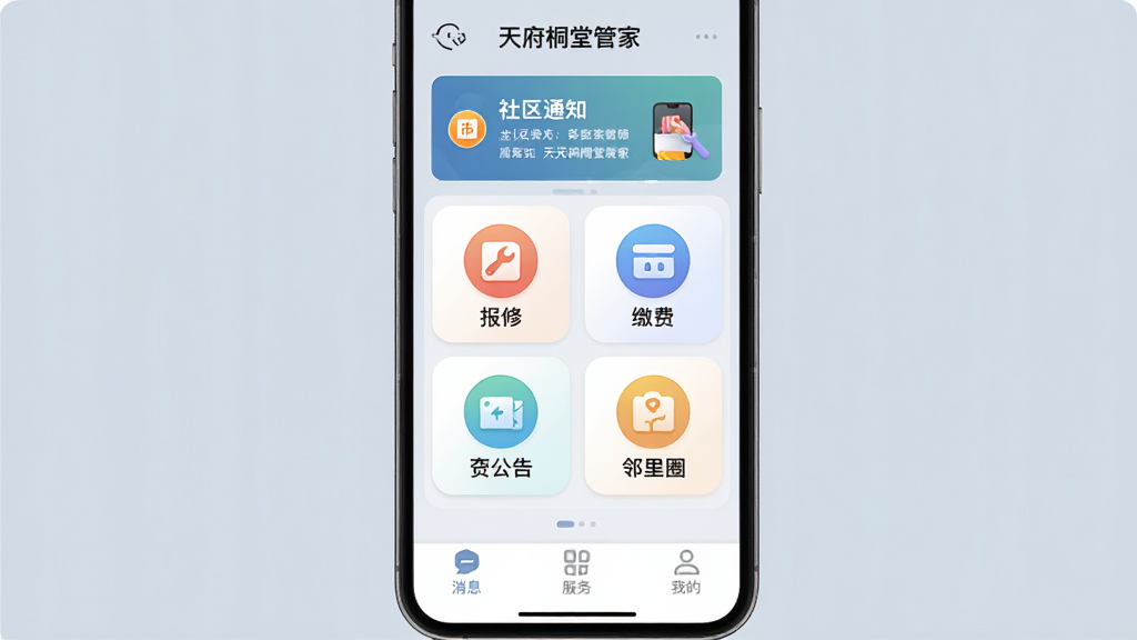 ��������Ϊһ�������ֻ�����Ļ����ʾ���츮ͩ�ùܼҡ�Ӧ�������棬���涥��������֪ͨ������м��б��ޡ��ɷѡ����桢����Ȧ�ĸ���ͼ�갴ť���ײ�����Ϣ�������ҵ�����������ǩ�����־��У��Ű�Ϊ�ֻ�����չʾ�����Ϊ�ִ���ƽ����ƣ�ϸ����ͼ�����΢�����Բ�ǣ�����Ϊǳ����ɫ�����������ɾ����޶���Ԫ�ء�