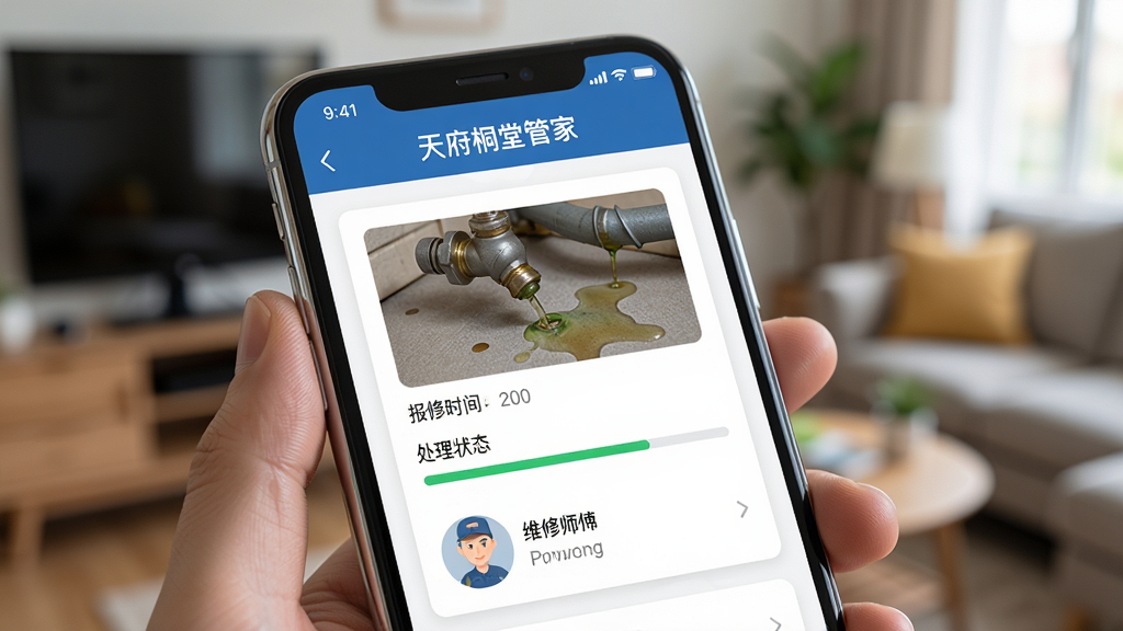 ��������Ϊһֻ�������ֻ����ֻ���Ļ��ʾ���츮ͩ�ùܼҡ��ı��޹���ҳ�棬ҳ������ˮ��©ˮ��Ƭ����ͼ������ʱ�䡢����״̬��������ά��ʦ��ͷ�񡣲���Ϊ�ֻ���Ļ��д���Ű�ͻ��������Ƭ�����Ϊдʵ������ϸ�����ֻ���Ե����΢���⣬����Ϊģ���ľӼһ����������������ɾ����޶���Ԫ�ء�