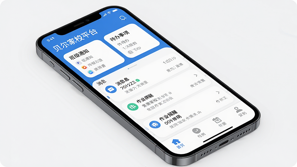 一张展示贝尔家校平台手机App主界面的图片,画面中央是一部智能手机,屏幕显示贝尔家校平台的首页,顶部有班级通知和待办事项卡片,中间是消息列表和作业提醒,底部有四个导航标签。整体布局清晰,蓝白配色为主,风格现代简洁,细节圆润,画质干净无多余元素。