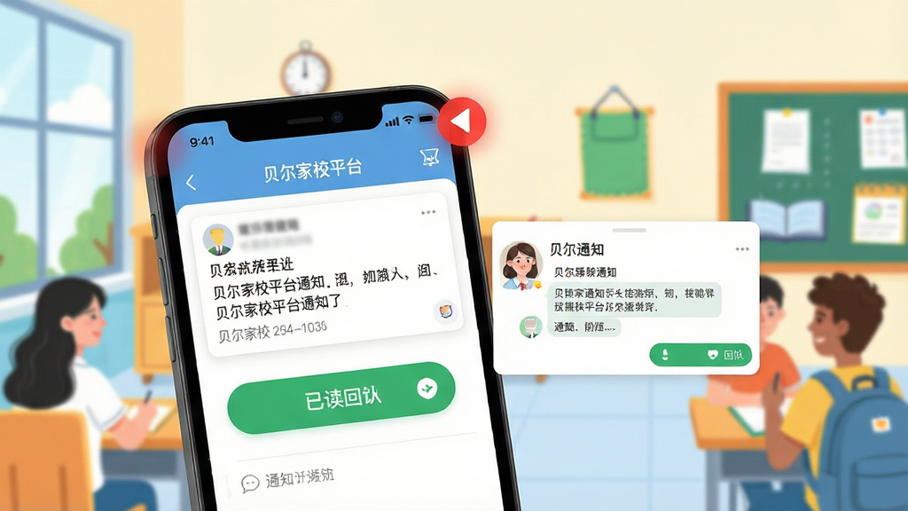 一张展示贝尔家校平台通知功能的图片,画面中一部手机显示通知详情页,屏幕上方有醒目的未读红点标记,下方有已读回执按钮,旁边有老师发送通知的对话框。整体风格明亮活泼,校园场景元素点缀,画面干净整洁,文字清晰可辨。