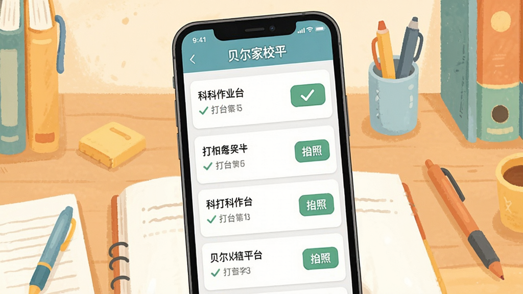 一张展示贝尔家校平台作业管理界面的图片,手机屏幕显示各科作业列表,每项作业旁边有打卡勾选和拍照上传按钮,背景是书桌和文具的插画风格。整体画面温馨明亮,布局清晰,文字标签明确,画质干净无多余元素。