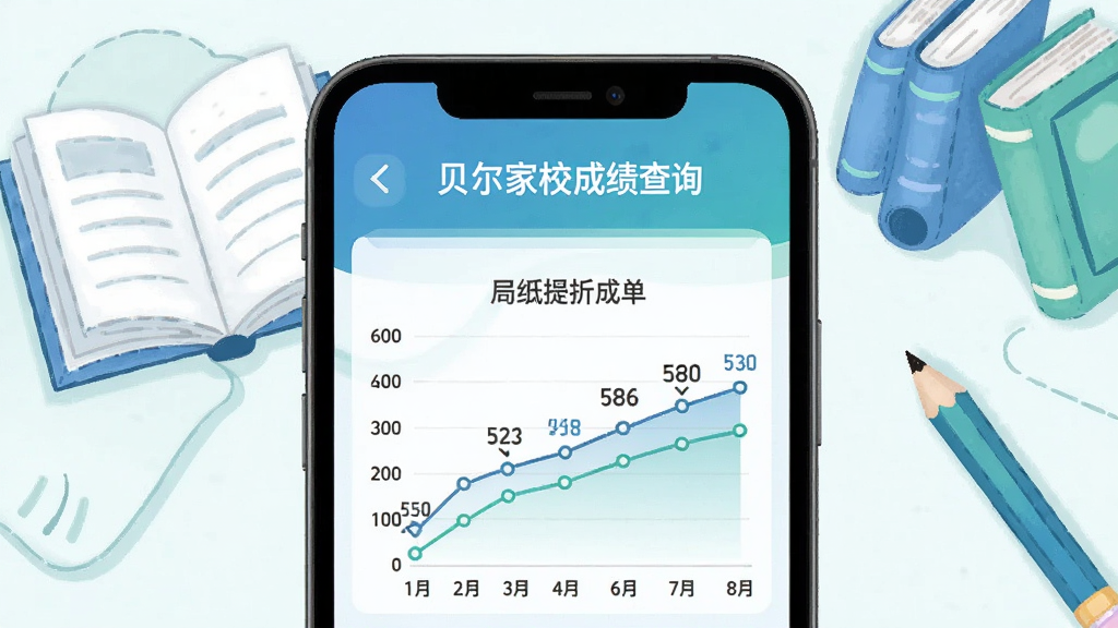一张展示贝尔家校平台成绩查询页面的图片,手机屏幕上显示成绩单和折线图,图表中标注了各科分数变化,背景有书本和铅笔的插画元素。整体风格清新简洁,蓝绿配色,数据展示清晰,画质干净无多余元素。