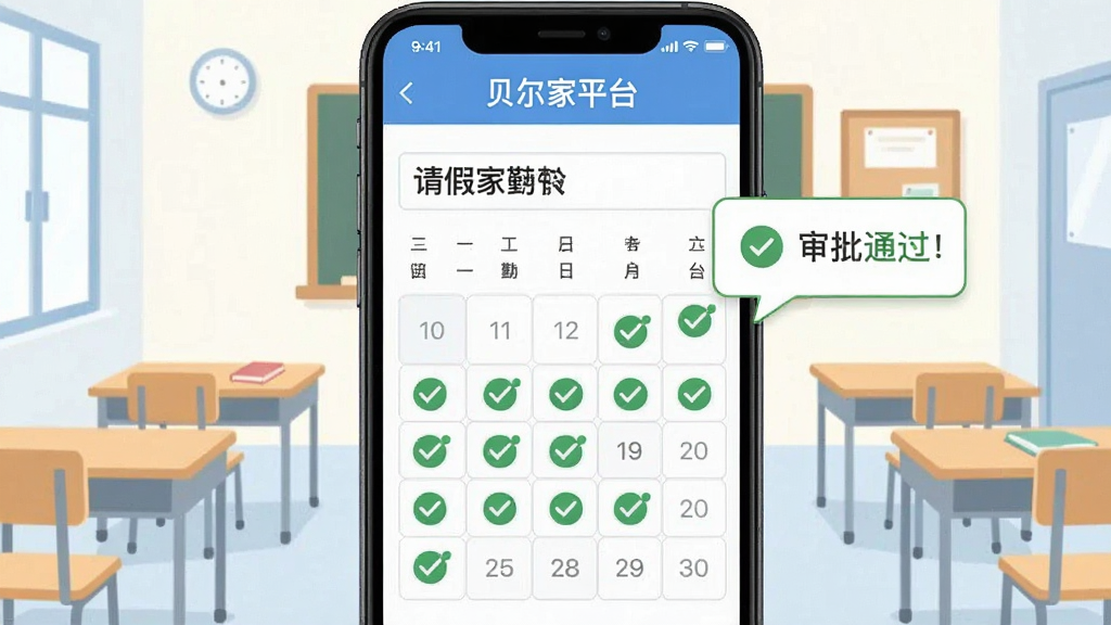 一张展示贝尔家校平台考勤请假功能的图片,手机屏幕显示请假申请表单和考勤日历,日历上有绿色对勾标记出勤日,旁边有审批通过的提示气泡。背景是教室和课桌的简约插画风格,整体画面明亮干净,布局清晰,文字标签明确。