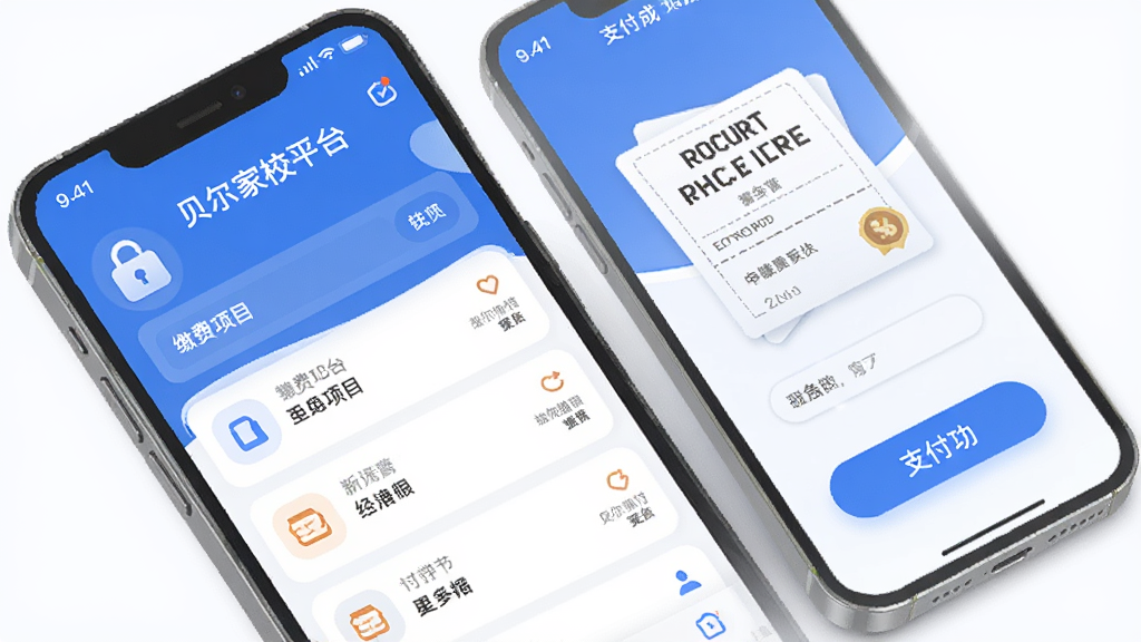 一张展示贝尔家校平台缴费功能的图片,手机屏幕显示缴费项目列表和支付成功页面,屏幕上有安全锁图标和电子收据卡片。整体风格现代扁平,蓝白配色为主,细节圆润,画质干净无多余元素。