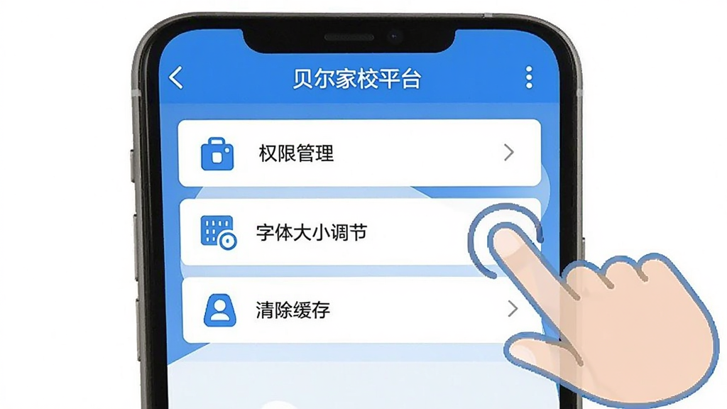一张展示贝尔家校平台设置页面的图片,手机屏幕显示权限管理、字体大小调节、清除缓存等选项,旁边有手指点击的示意动画。整体风格简洁明了,蓝白配色,图标清晰,画质干净无多余元素。