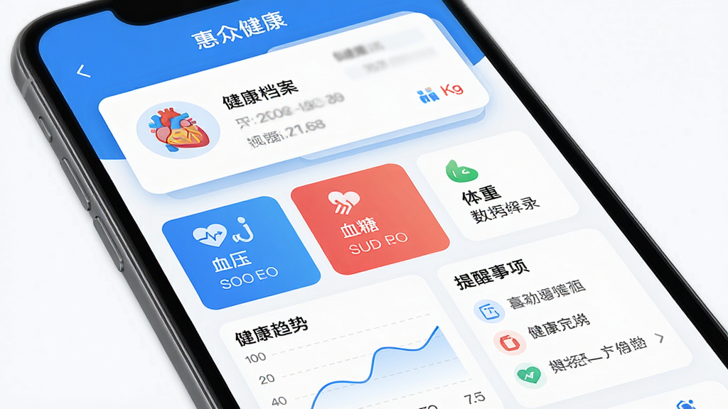 �ֻ���Ļչʾ�����ڽ�����App�����棬������ʾ���˽���������Ƭ���м���Ѫѹ��Ѫ�ǡ����ص����ݼ�¼�����ڣ��ײ��н�������ͼ��������������岼��������������ɫ������ִ���࣬���ʸɾ������������ɼ����޶���Ԫ��