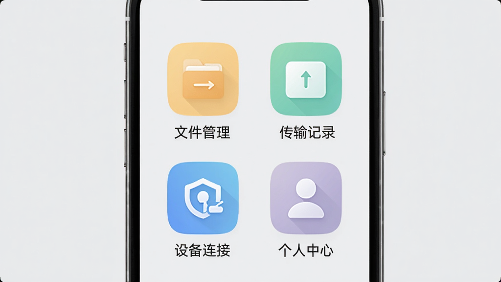 ������App�Ĺ���ģ��ʾ��ͼ���������ֻ���ĻΪ���壬չʾ�ĸ���Ҫ�������ͼ�꣺�ļ������������¼���豸���ӡ��������ģ�ÿ��ͼ���·��������ֱ�ǩ������Ϊǳ��ɫ��ͼ����ͳһΪԲ�Ǿ��Σ���ɫ�嵭�����ʸɾ����޶���װ��Ԫ��