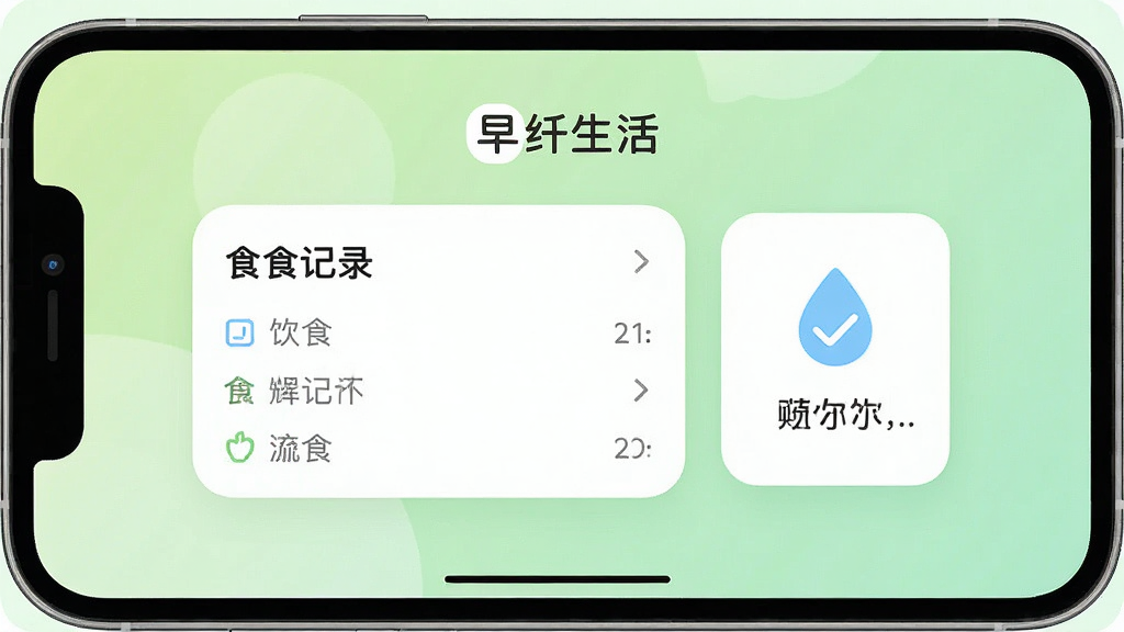 һ��չʾ��������App���Ľ�����ֻ���Ļ��ͼ�����������Ǽ�����ʳ��¼��Ƭ����ˮ��ͼ�꣬��������͵�ǳ��ɫ���䣬������¼�Լ��ϸ��Բ�󣬻��ʸɾ��޶���Ԫ�أ�ͼƬ�д��С�����������ֱ�ʶ