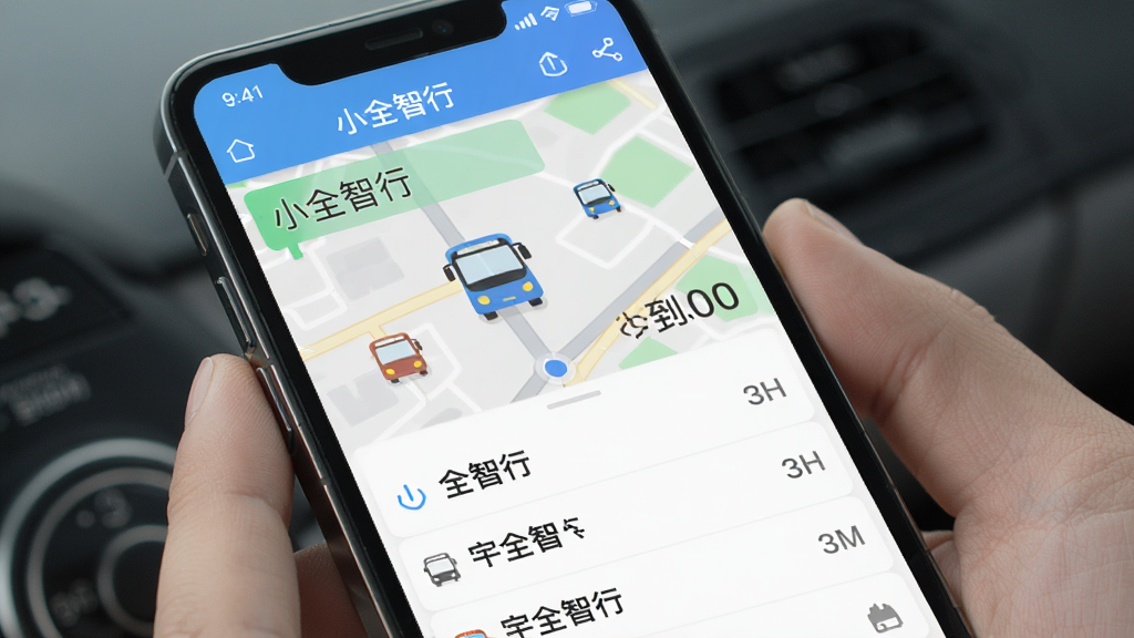 �ֻ���Ļ��ʾ��Сȫ���С�APP��ʵʱ�������棬��ͼ����ʾ������ͼ��͵�վʱ�䣬�·�����·�б������汳��Ϊǳɫ������ִ���ƽ�����ʸɾ�������������Сȫ���С�