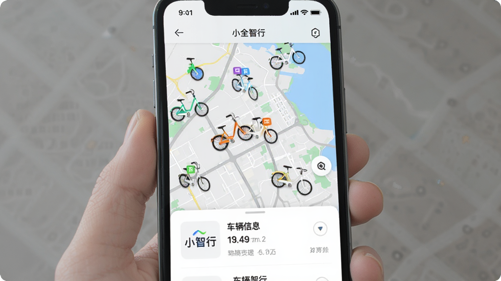 �ֻ���Ļ��ʾ��Сȫ���С�APP�Ĺ��������ۺϽ��棬��ͼ�Ϸֲ��Ų�ͬ��ɫ�ĵ���ͼ�꣬�·�����������Ϣ��Ƭ������࣬����������������Ԫ��