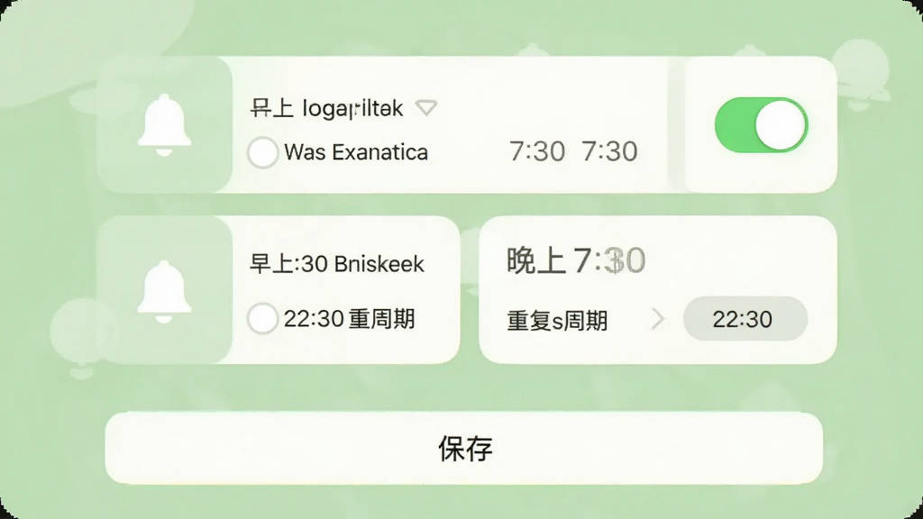 ����Ӧ���������ý��棬��Ļ��ʾ��������ʱ�俨Ƭ�ֱ�Ϊ����7:30������22:30��ÿ����Ƭ�Ա��п��ذ�ť���ظ�����ѡ��ײ��б��水ť������Ϊ����ɫ��ͼ��Ϊ��ɫ�����������ˬ�����ʸɾ��޶���Ԫ��