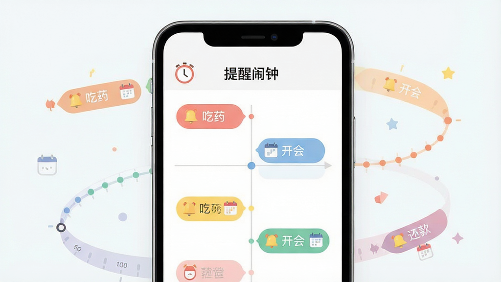 һ��չʾ��������Ӧ�����ܶ�ʱ���ѹ��ܵ���ϸ���棬����������һ���ֻ�����Ļ����ʾ��������ҳ�棬ҳ�����С��������ӡ����ֱ�ʶ��ʱ�����Ϸֲ��Ŷ����ɫ���ѱ�ǩ���ֱ��ע����ҩ�������ᡱ����������֣���ǩ�Ա���С����������ͼ�꣬����Ϊ�ֻ����С���Χ����ʱ����Ԫ�أ����Ϊ���±�ƽ����ƣ�ϸ���ϱ�ǩ��ɫ��͡�ͼ��������࣬���ʸ���ɾ����޶���Ԫ�ء�