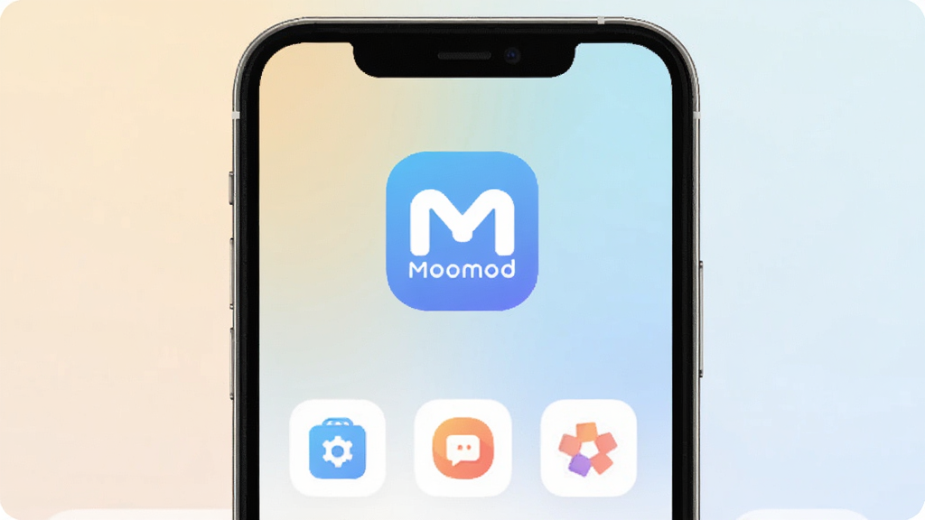 Moomod����������չʾ���ֻ���Ļ������ʾMoomod��Logo�ͼ��Ĺ���ͼ�����У�������ǳɫ�����񣬻���ɾ���ˬ�����ֲ��þ��жԳ��Ű棬���Ϊ�ִ���ƽ����ƣ�ϸ��Բ����ͣ����ʸ����޶���Ԫ��