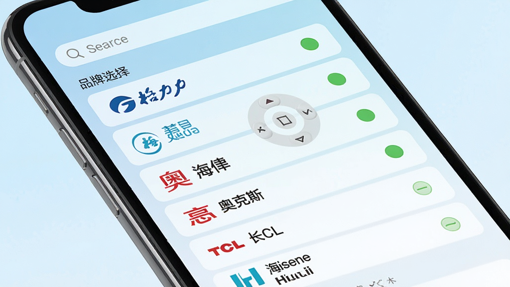 一张展示万能空调遥控应用界面的图片,画面中手机屏幕显示着品牌选择列表,列表中包含格力、美的、海尔、奥克斯、志高、长虹、TCL、海信等品牌名称和对应的图标,每个品牌旁边有匹配状态指示灯,背景是淡蓝色渐变,手机屏幕上方有搜索框,整体风格清爽简洁,画质干净无多余元素。