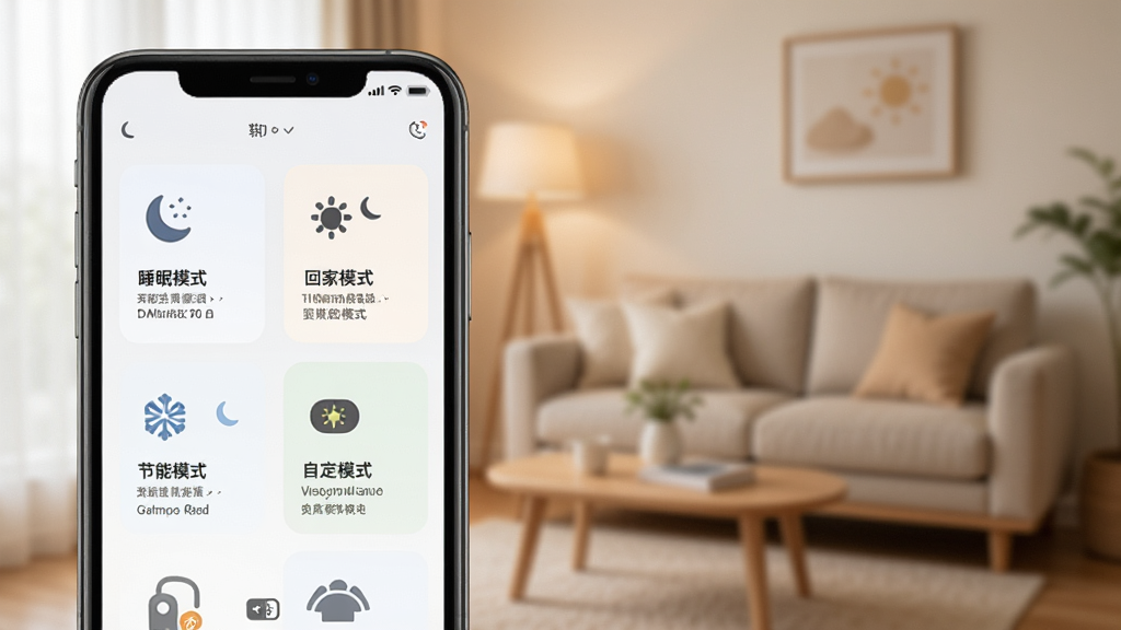 一张展示万能空调遥控智能场景模式的图片,手机屏幕中显示着睡眠模式、回家模式、节能模式、自定义模式四个场景卡片,每个卡片配有对应的图标和简短说明文字,背景是温馨的家居环境虚化图,整体色调柔和舒适,风格简约现代,画质干净无多余元素。