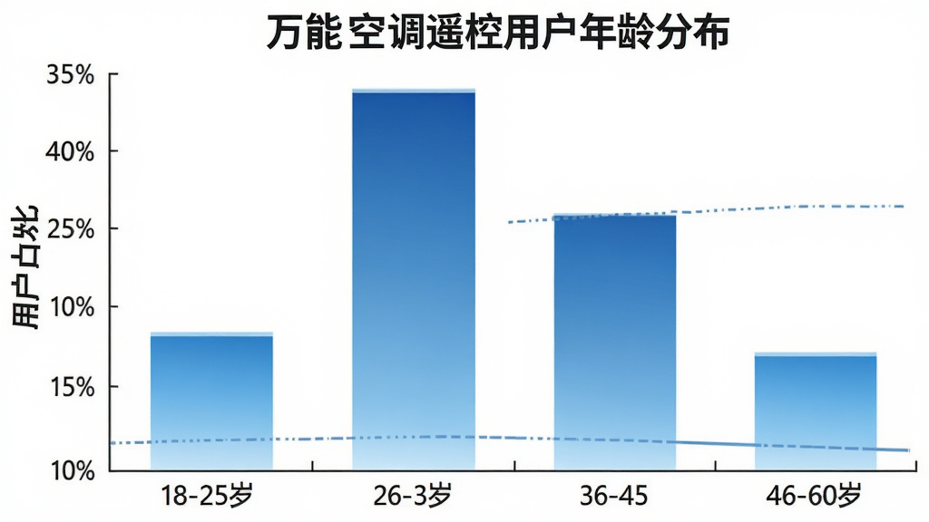 一张展示万能空调遥控用户年龄分布的柱状图图片,横轴标注年龄段18-25岁、26-35岁、36-45岁、46-60岁,纵轴标注用户占比百分比,柱状图显示26-35岁占比最高约35%,18-25岁约25%,36-45岁约25%,46-60岁约15%,图表配色为蓝色渐变,背景白色,风格简洁专业,画质清晰干净无多余元素。