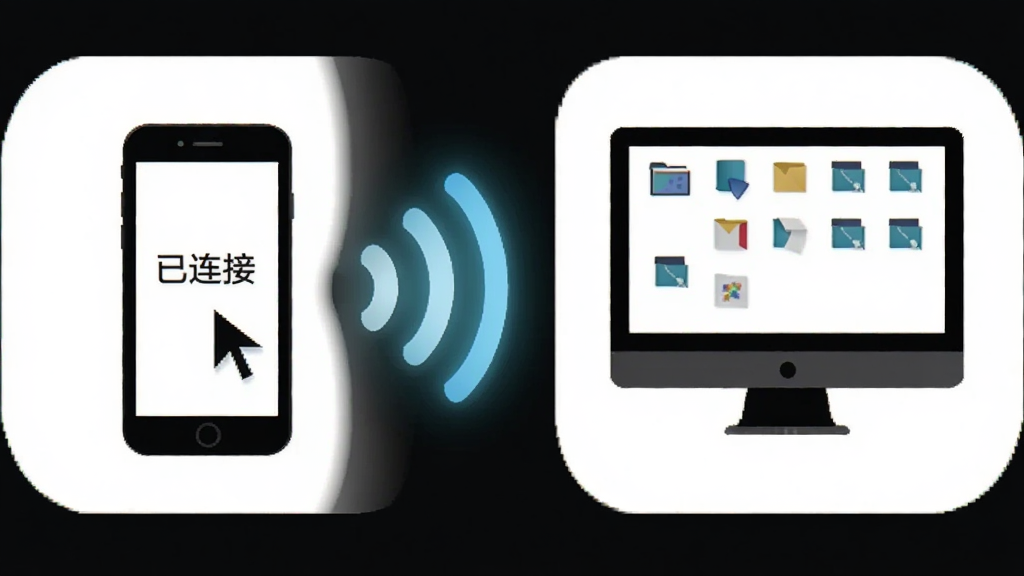 һ��չʾ�������ֻ�ģ���������ӹ��ܵ�ʾ��ͼ��������һ���ֻ���һ̨����ͨ��WiFi�ź����ӣ��������ֻ��ڻ�������ƫ�󣬵����ڻ�������ƫ�ң��м���һ�������WiFi�źŲ������ӣ��Ű���öԳƹ�ͼ������Ǽ�Լ�ĿƼ�ͼ����ϸ�����ֻ���Ļ��ʾ�š������ӡ����������ָ�룬������Ļ��ʾ������ͼ�꣬��������������ɾ����޶���Ԫ�ء�