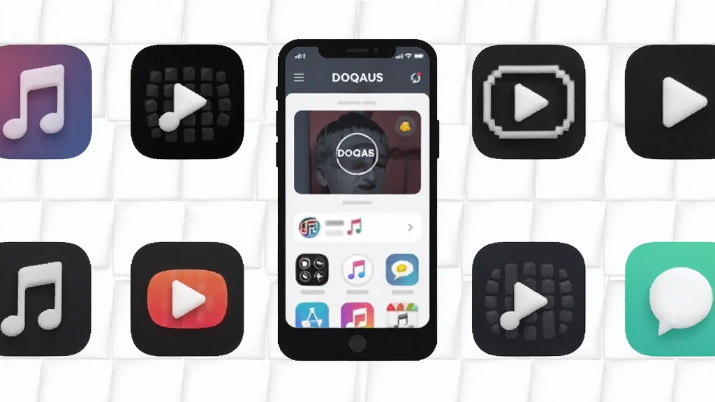 һ��չʾDOQAUS����������ƵӦ��ͼ�겢�е�ʾ��ͼ���ֻ���Ļ������DOQAUS���棬��Χ���������ֺ���ƵӦ�õ�ͼ�꣬������ǳɫ���񣬷�������������ʸɾ��޶���Ԫ��