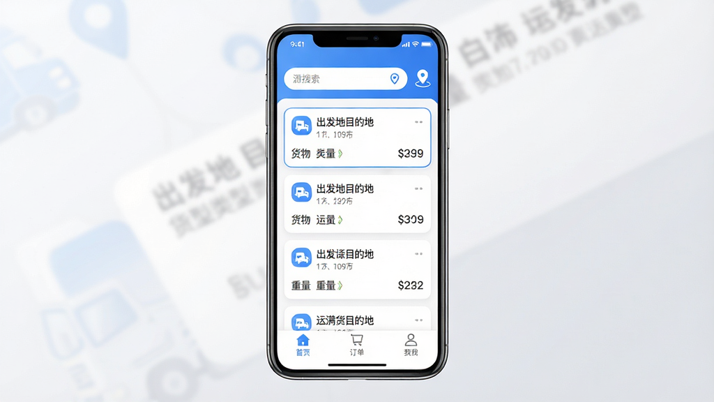 һ��չʾ������˾��APP���Ľ�����ֻ�����ͼ�������������ֻ���Ļ����Ļ����ʾ������˾��APP����ҳ�������л�Դ������Ͷ�λͼ�꣬�м����б�ʽ��Դ��Ƭ��ÿ�ſ�Ƭ��ʾ������Ŀ�ĵء��������͡��������˷ѣ��ײ�����������ѡ��ֱ�����ҳ���������ҵġ�������������������ɫ�Ͱ�ɫΪ��ɫ����ͼ��Բ�󣬲�������������Ϊ�ɾ���ǳ��ɫ���䣬���ʸ��壬�޶���Ԫ�ء�