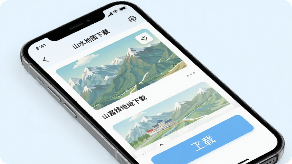 ɽˮ��ͼ����App���ߵ�ͼ���ؽ��棬�ֻ���Ļ��ʾ�����ͼ�б������ذ�ť�������԰�ɫ��ǳ��ɫΪ�������ּ�࣬�����ˬ�����ʸɾ����޶���Ԫ�ء�
