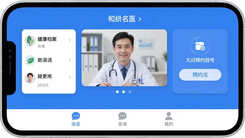 �ֻ���Ļ����չʾ���ͻ���ҽ��App�����棬�Ϸ���ҽ����Ƶ���ﴰ�ڣ�����ǽ���������Ƭ���Ҳ���ԤԼ�Һ���ڣ��ײ�Ϊ��Ϣ����ѯ���ҵ�����ѡ������岼��������������ɫ����ƽ�����ϸ��Բ�󣬻��ʸɾ��޶���Ԫ��