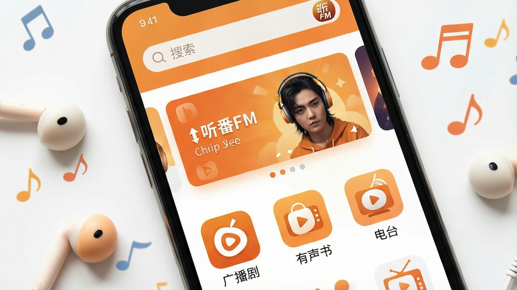 һ���ֻ���Ļ��д�����������ǡ�����FM��App����ҳ���棬���������������м����Ƽ�λ������·������Ź㲥�硢�����顢��̨�ȷ���ͼ�꣬������ů��ɫ�Ͱ�ɫΪ��ɫ������������£��ֻ���Χɢ���Ŷ���������Ԫ�أ����ʸɾ��������޶�������Ԫ��