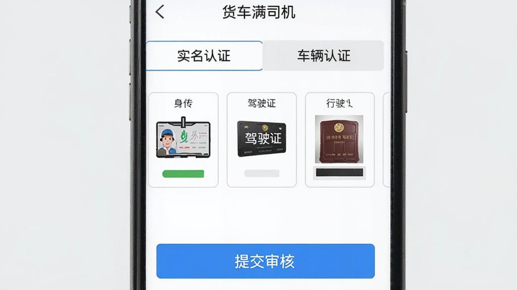 һ��չʾ������˾��APP˾����֤ҳ���ͼƬ���������ֻ���Ļ��ʾ��ʵ����֤���͡�������֤������ѡ����·����ϴ�����֤����ʻ֤����ʻ֤����Ƭ��ҳ��ײ�����ɫ�ġ��ύ��ˡ���ť��������ǳ��ɫ����������ˣ������������޶���Ԫ��