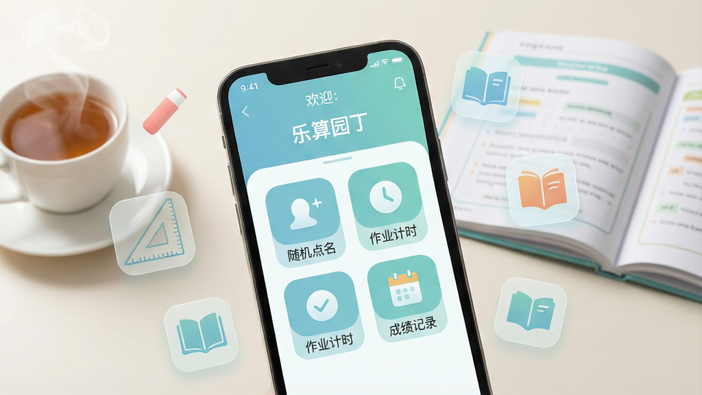 软件核心全貌展示图。画面主体是一部智能手机,手机屏幕上清晰展示着“乐算园丁”APP的主界面,界面设计简洁清爽,以柔和的蓝绿色调为主,顶部有欢迎语,中间排列着几个功能入口图标,如“随机点名”、“作业计时”、“成绩记录”等,图标设计圆润扁平化。手机周围漂浮着一些半透明的教学元素,如粉笔、三角尺、书本的简笔图标。背景是浅色干净的办公桌面,有一杯冒热气的茶和一本翻开的教案。整体风格现代简约,画质清晰明亮,无多余杂乱元素。