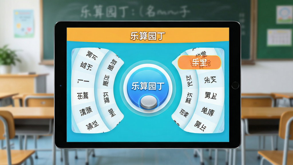 课堂随机点名功能界面展示图。画面中央是一个平板电脑或大屏手机,屏幕上显示着“乐算园丁”的随机点名界面,一个醒目的圆形按钮,周围环绕着滚动的学生姓名列表,其中一个名字被高亮选中。界面色彩明快,按钮有按压质感。背景是虚化的教室场景,有黑板和课桌椅的轮廓。风格偏向教育科技感,画质干净清晰,重点突出屏幕内容。
