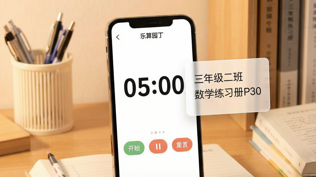 作业计时与提醒功能展示图。画面主体是一个手机屏幕,展示“乐算园丁”的计时器界面,一个大大的数字倒计时“05:00”显示在屏幕中央,下方有开始、暂停、重置按钮。屏幕旁边悬浮着半透明的作业记录卡片,上面写着“三年级二班 数学练习册P30”。背景是温馨的教师办公桌一角,有笔筒和书本。整体色调温暖柔和,画质清晰,无杂乱元素。