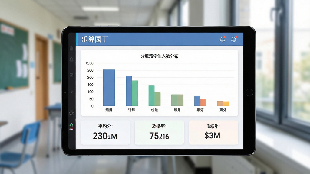 成绩记录与简单分析功能展示图。画面展示一部手机横屏或平板设备,屏幕上显示“乐算园丁”的成绩分析界面,一个清晰的柱状图展示着不同分数段的学生人数分布,下方有平均分、及格率等核心数据卡片。界面配色专业且不刺眼。背景是虚化的教室走廊或办公室窗边。风格简洁商务,画质干净,图表信息一目了然。