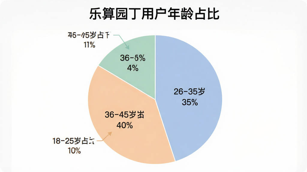 乐算园丁 用户年龄分布饼状图。画面展示一个清晰的饼状图,标题为“乐算园丁用户年龄占比”。图表分为四个色块,分别标注数据:18-25岁占比10%,26-35岁占比35%,36-45岁占比40%,46-60岁占比15%。图表配色柔和易区分,背景为干净的白色或浅灰色,画质清晰锐利,无多余装饰元素。