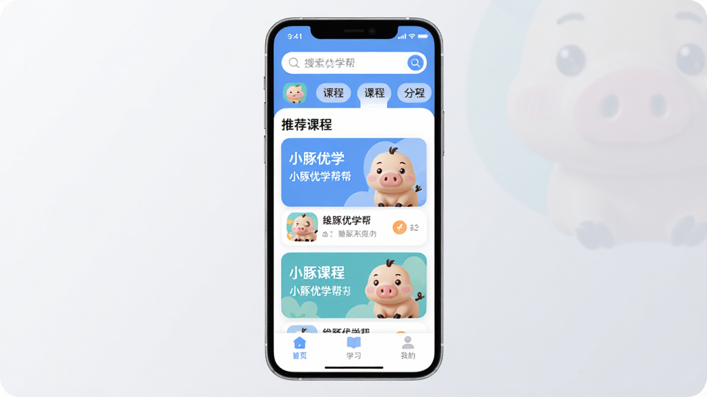 С����ѧ�� Ӧ�ý���ȫòչʾ������������һ̨���������ֻ����ֻ���Ļ����ʾС����ѧ�����ҳ��������������Ϳγ̷����ǩ���м����Ƽ��γ̿�Ƭ�б����ײ�Ϊ��ҳ��ѧϰ���ҵ���������ͼ�꣬������ɫ�����µ�����ɫΪ��������ִ���ƽ����ͼ��Բ����ͣ�����Ϊǳ��ɫ���䣬����ɾ����࣬�޶���װ��Ԫ�أ����廭��