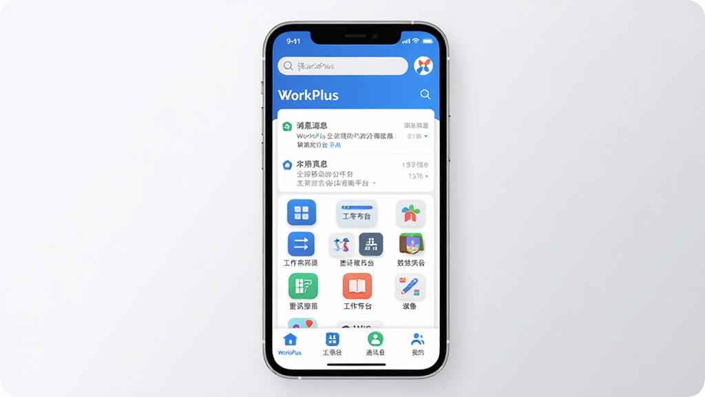 WorkPlus ��ҵ�ƶ��칫ƽ̨������չʾ�������������ֻ���Ļ����Ļ����ʾ WorkPlus Ӧ����ҳ�棬������Ϣ�б�������̨ͼ������ͨѶ¼���ҵ��ĸ��ײ�ѡ�������������������ҵLogo�����岼��������������ɫΪ��������ִ���ƽ��ϸ��Բ�󣬻��ʸɾ��޶���Ԫ�أ�����Ϊǳ��ɫ���䣬ͻ���ֻ���Ļ���壬������������ʾ