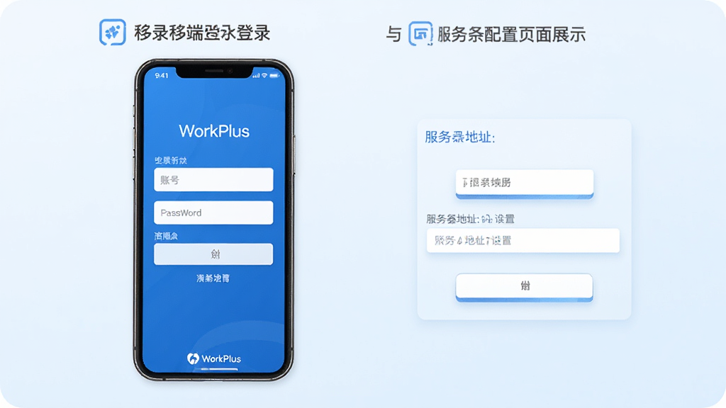 WorkPlus �ƶ��˵�¼���������������ҳ��չʾ���������ֻ���Ļ��ʾ��¼ҳ�棬���˺����������ͷ�������ַ������ڣ������࣬������ɫ���ײ���