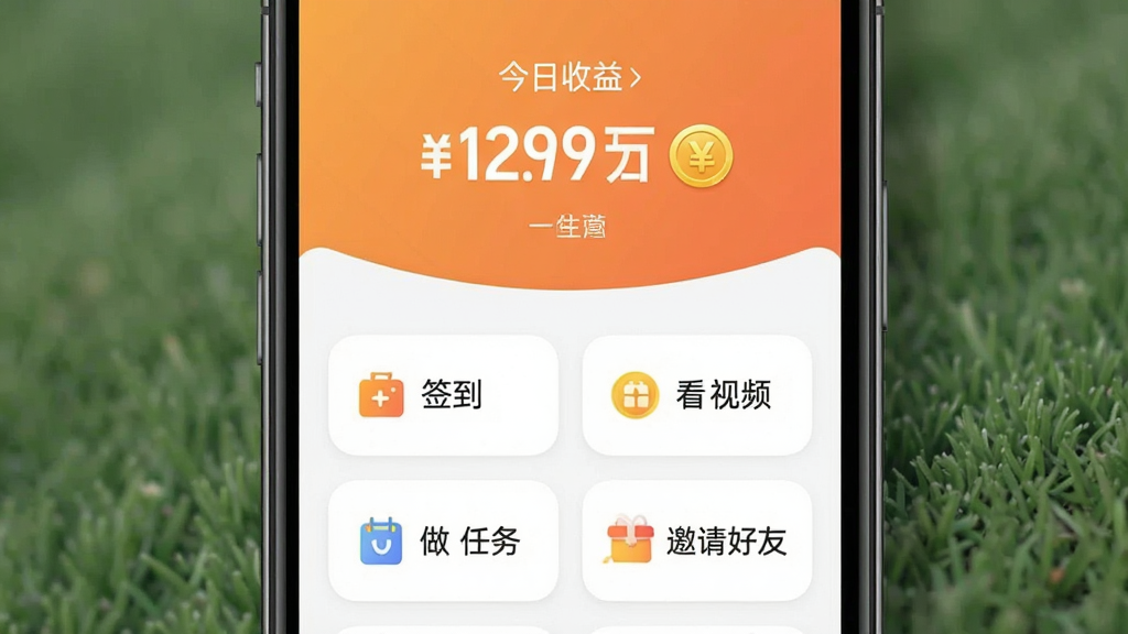 һ���ֻ���Ļչʾ׬����APP�����棬������ů��ɫ���䱳�����м���ʾ�����������ֺͽ��ͼ�꣬�·�������ǩ��������Ƶ����������������ĸ�Բ�ǿ�Ƭ��ť�����������ִ������ʸɾ��޶���Ԫ��