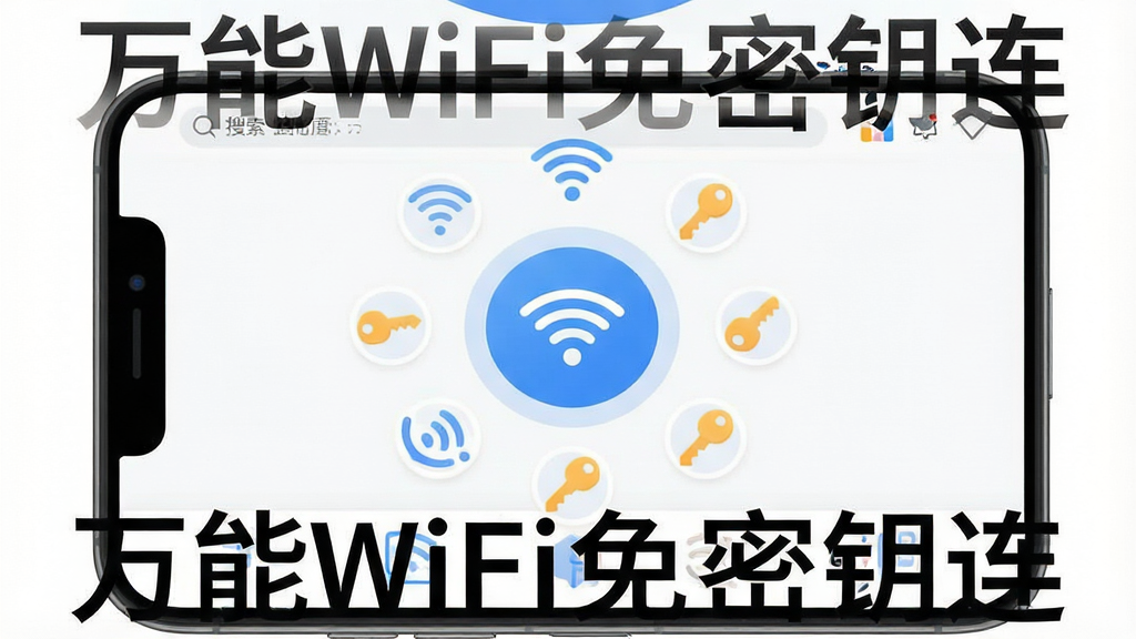 һ��չʾ����WiFi����Կ����������ȫò��ͼƬ���������ֻ���Ļ��ʾ���������棬����������һ���޴����ɫԲ�����Ӱ�ť����Χ�����Ŷ��WiFi�ź�ͼ��ʹ�������ȵ��Կ��ͼ�꣬�������������������������ײ��е�������������ִ���ƽ����ϸ��Բ�󣬻��ʸɾ����޶���Ԫ�أ�ͼƬ�����ֱ�עΪ������WiFi����Կ����
