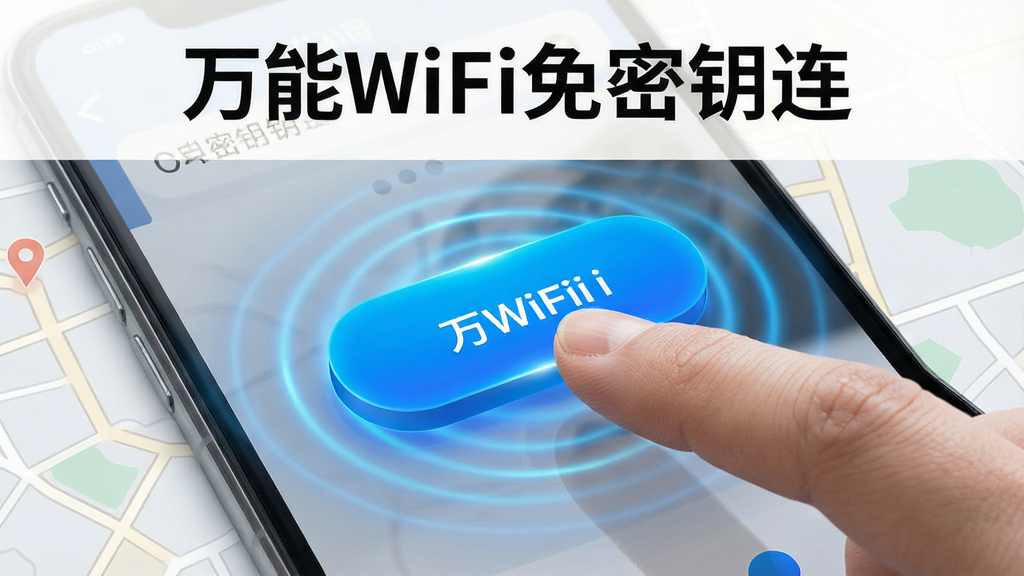 һ��չʾ����WiFi����Կ��һ�����ӹ��ܵ�ͼƬ���������ֻ���Ļ������������һ���������ɫ��ť����ָ����ͣ�ڰ�ť�Ϸ�׼���������ť��Χ�ж�̬������Ч���������Ǽ�Լ��ǳɫ��ͼ���������Ƽ���ʮ�㣬ϸ�����������ʸɾ����޶���Ԫ�أ�ͼƬ�д��С�����WiFi����Կ�������ֱ�ʶ