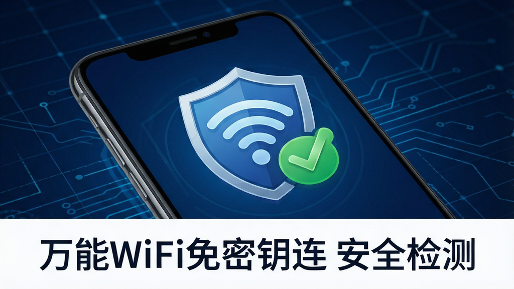 һ��չʾ����WiFi����Կ����ȫ��⹦�ܵ�ͼƬ���������ֻ���Ļ��������ʾһ������ͼ���WiFi�ź�ͼ������һ��Ļ��棬����������ɫ�ĶԹ�������������ɫ�ĿƼ����񣬷��ȫ�ɿ���ϸ�ھ��£����ʸɾ����޶���Ԫ�أ�ͼƬ�б�ע������WiFi����Կ�� ��ȫ��⡱