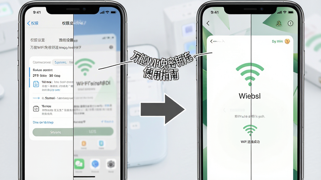 һ��չʾ����WiFi����Կ�����ֲ���ָ�ϵ�ͼƬ���������ֻ���Ļ������ʾ�������Ȩ�����ý��棬�ұ���WiFi���ӳɹ����棬�м��м�ͷָʾ�������裬��������͵�ǳ��ɫ�����̳�������ϸ����ȷ�����ʸɾ����޶���Ԫ�أ�ͼƬ�б�ע������WiFi����Կ�� ʹ��ָ�ϡ�