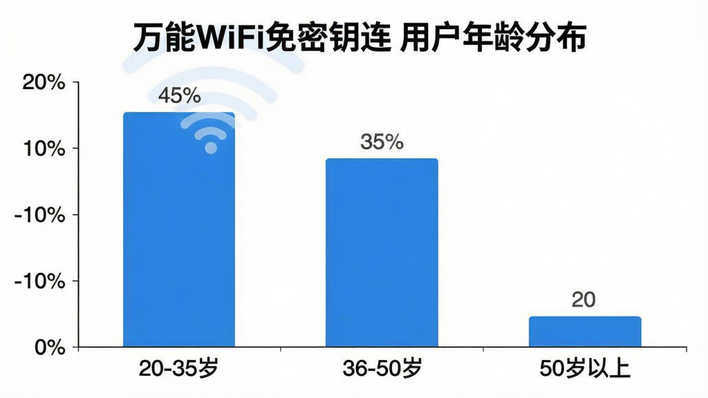 һ��չʾ����WiFi����Կ���û�����ֲ�����״ͼ������Ϊ�����20-35�ꡢ36-50�ꡢ50�����ϣ�����Ϊ�ٷֱȣ����Ӹ߶ȷֱ���ʾ45%��35%��20%�������Ǽ��İ�ɫ��������ݿ��ӻ�������ϸ����ȷ�����ʸɾ����޶���Ԫ�أ�ͼƬ�б���Ϊ������WiFi����Կ�� �û�����ֲ���