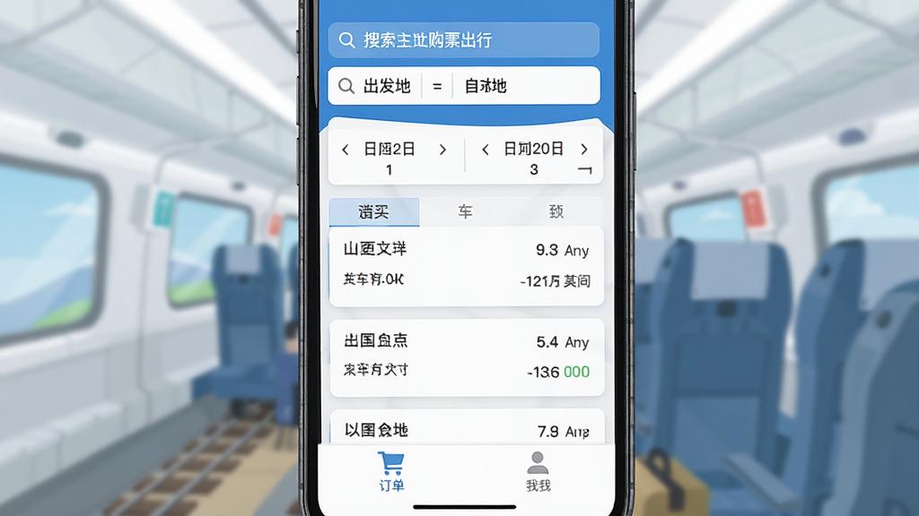һ���ֻ���Ļչʾ��Ʊ��Ʊ����APP�����棬������������ʾ�����ص�Ŀ�ĵأ��м�������ѡ���복���б����ײ��ж������ҵ�ѡ�������������ɫ����ƽ����ƣ�����ɾ����࣬���������޶���Ԫ��