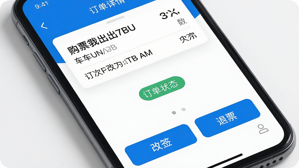�ֻ���Ļչʾ��Ʊ��Ʊ����APP�Ķ�������ҳ�棬������ʾ���κͳ�������ʱ�䣬�м��ж���״̬��ǩ���ײ��и�ǩ����Ʊ��ť��������ɫ�����ֹ�������������������ɾ��޶���װ��