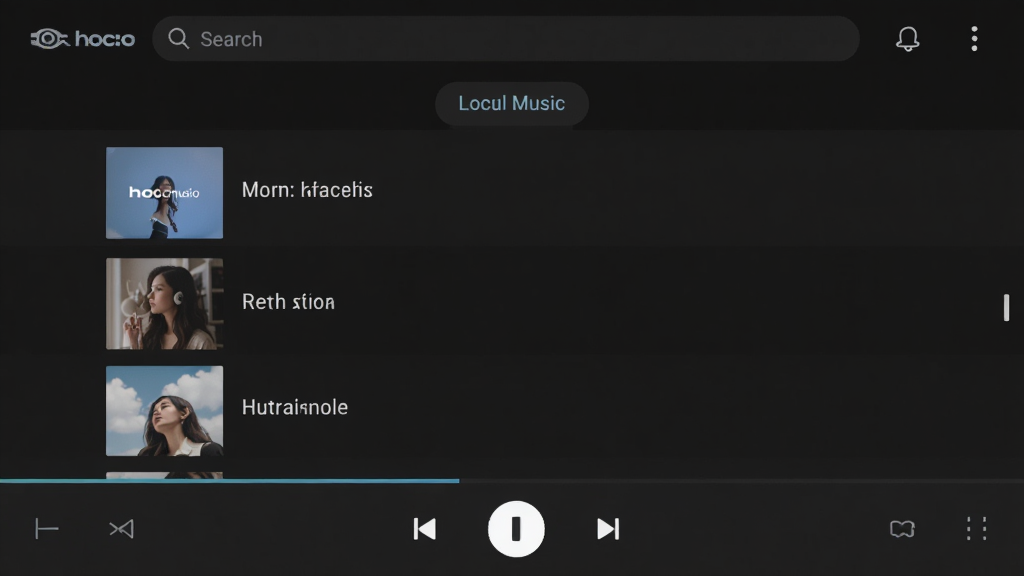 hoco.music 音乐播放器主界面,简洁的深色主题设计,顶部是搜索栏和本地音乐标签,中间显示歌曲列表封面和歌名,底部是播放控制条,整体布局清晰,风格现代扁平,画质干净无多余元素