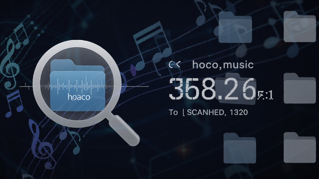 hoco.music 本地音乐扫描界面,一个放大镜图标正在扫描手机文件夹,旁边显示已扫描到的歌曲数量,背景是抽象的音乐符号和文件图标,风格科技感十足,画质清晰干净