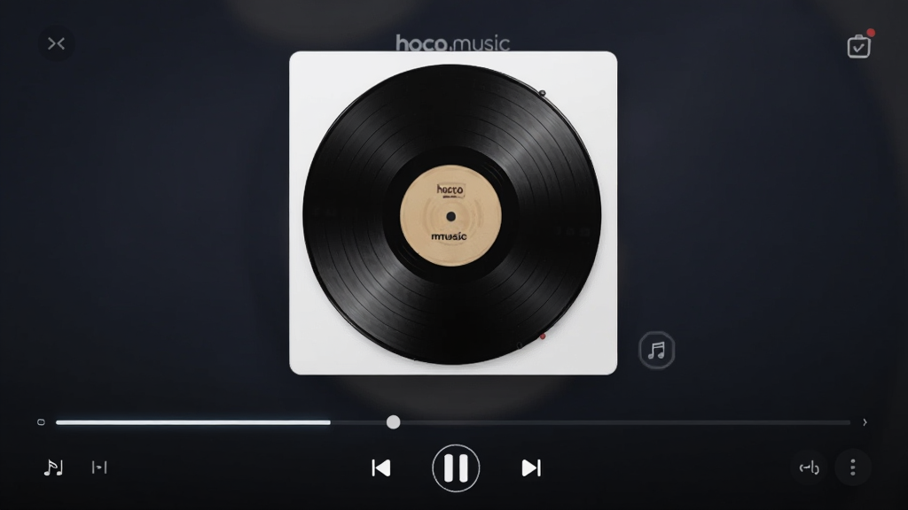 hoco.music 音乐播放界面,一个旋转的黑胶唱片封面,下方是进度条和播放控制按钮,背景是深色渐变,风格简约高级,画质细腻无噪点